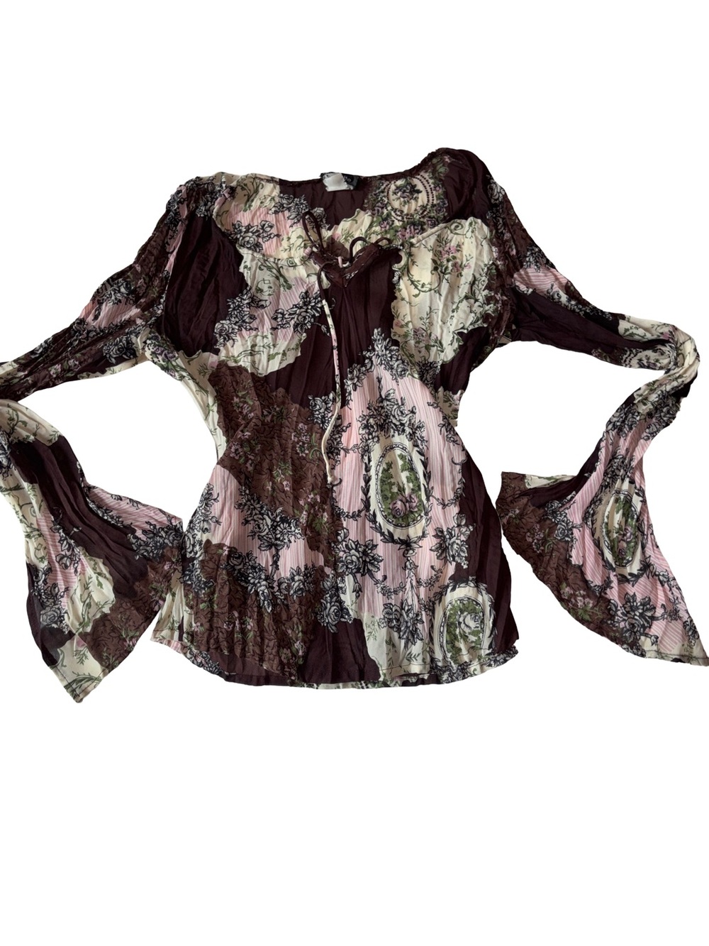 Vintage Dynamite Y2K Floral Lace-Up Bell Sleeve Top